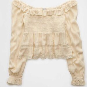 AE Long-Sleeve Smocked Eyelet Shirt size L